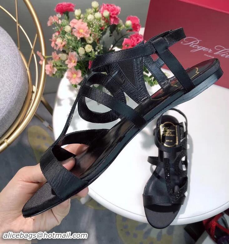 Low Price Roger Vivier Crystal Silk Flat Sandals R8521 Black 2018