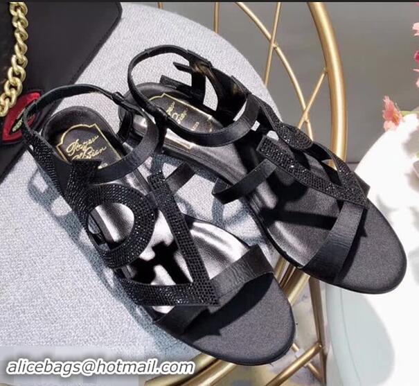 Low Price Roger Vivier Crystal Silk Flat Sandals R8521 Black 2018