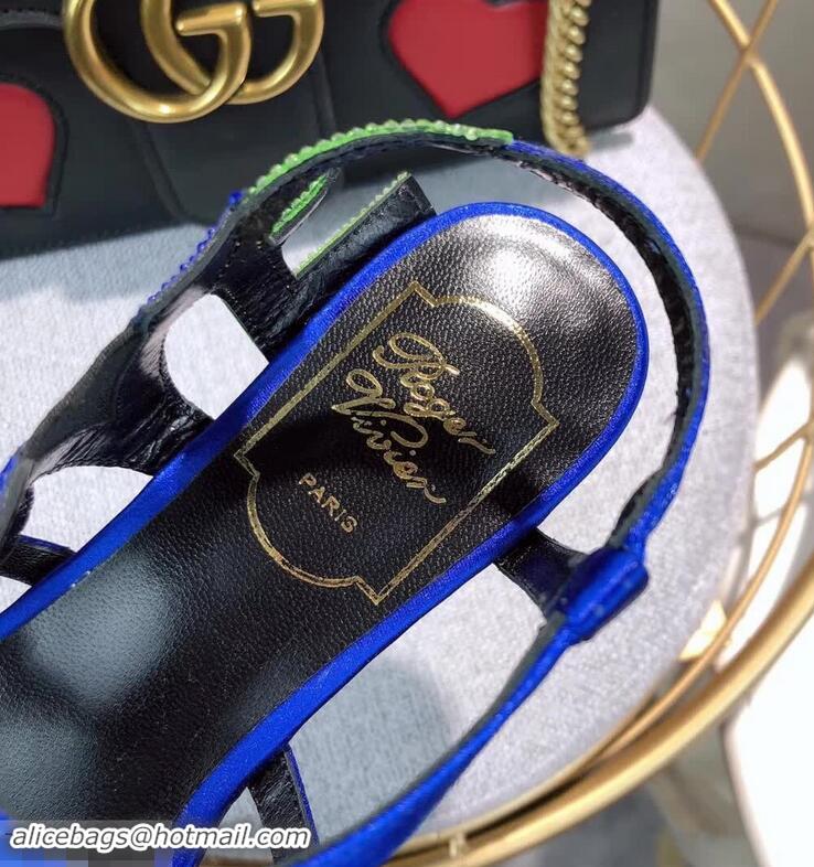 Super Quality Roger Vivier Crystal Silk Flat Sandals R8521 Blue 2018