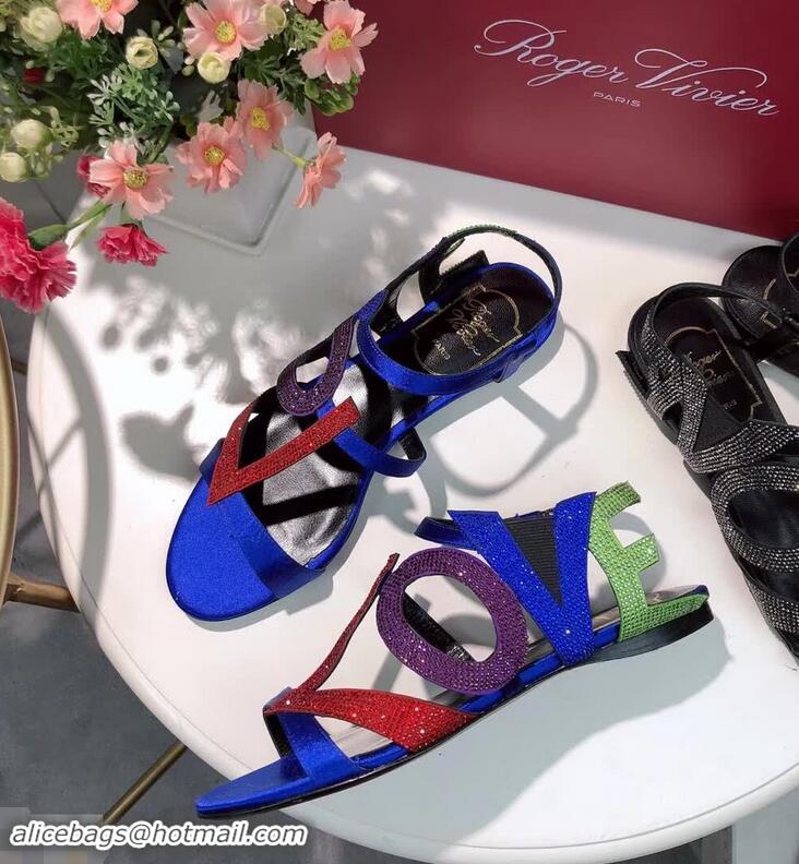 Super Quality Roger Vivier Crystal Silk Flat Sandals R8521 Blue 2018