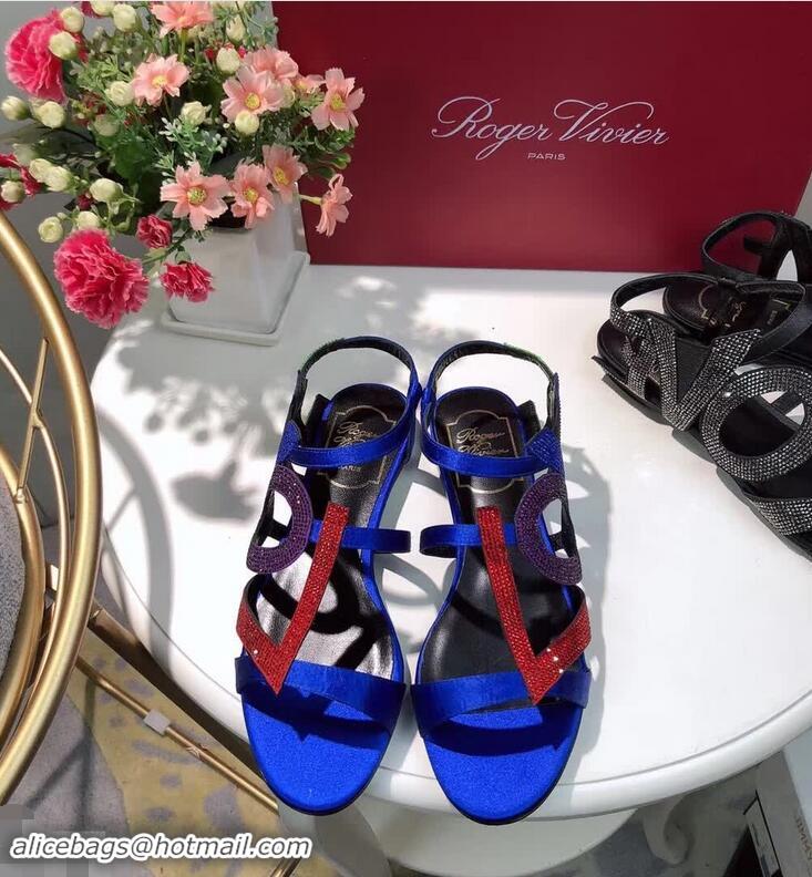 Super Quality Roger Vivier Crystal Silk Flat Sandals R8521 Blue 2018