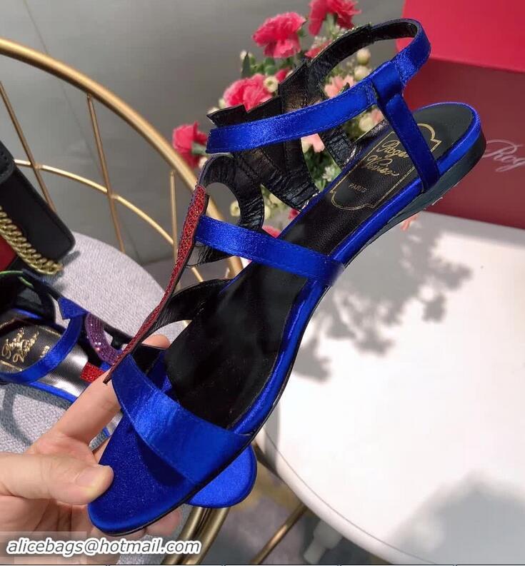 Super Quality Roger Vivier Crystal Silk Flat Sandals R8521 Blue 2018