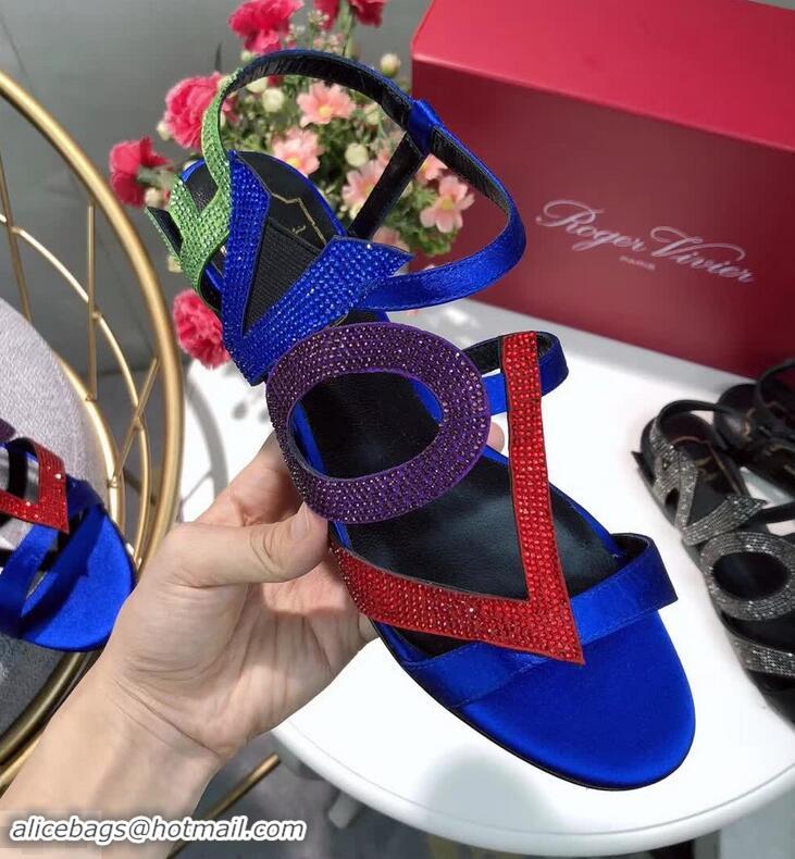 Super Quality Roger Vivier Crystal Silk Flat Sandals R8521 Blue 2018