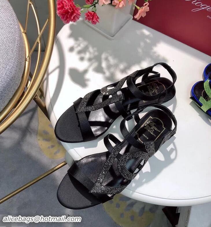 Most Popular Roger Vivier Crystal Silk Flat Sandals R8521 Black/Silver 2018