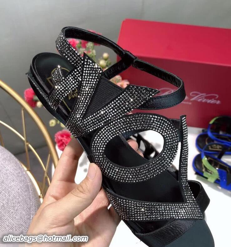 Most Popular Roger Vivier Crystal Silk Flat Sandals R8521 Black/Silver 2018