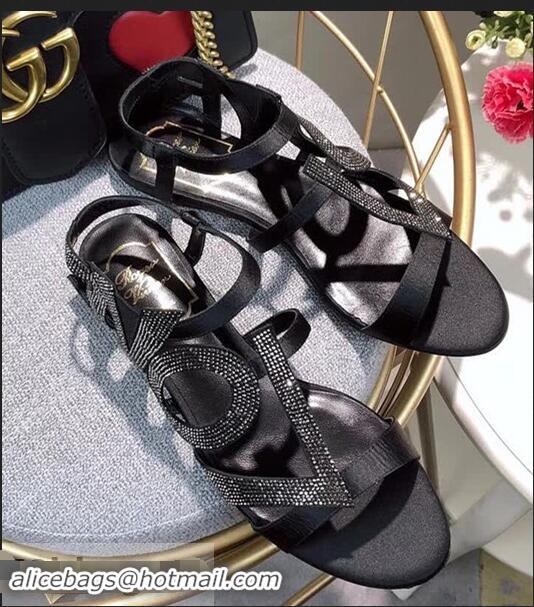 Most Popular Roger Vivier Crystal Silk Flat Sandals R8521 Black/Silver 2018