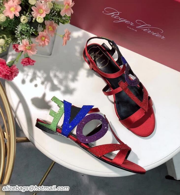 Promotion Design Popular Roger Vivier Crystal Silk Flat Sandals R8521 Red 2018