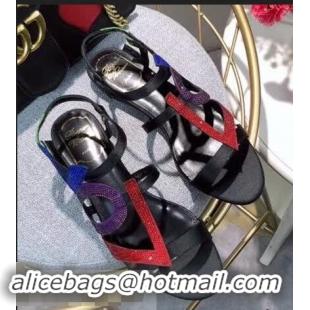 Buy Design Popular Roger Vivier Crystal Silk Flat Sandals R8521 Black/Multicolor 2018