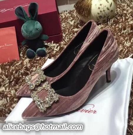 Elegant Roger Vivier Velvet 6.5cm Heel Pumps with Crystal Buckle R8822 Pink 2018