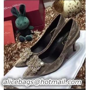 Modern Cheap Roger Vivier Velvet 6.5cm Heel Pumps with Crystal Buckle R8822 Grey 2018