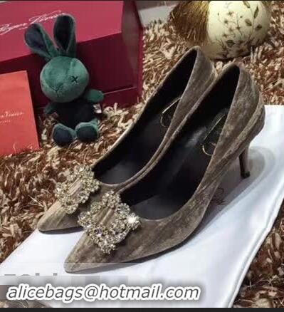 Modern Cheap Roger Vivier Velvet 6.5cm Heel Pumps with Crystal Buckle R8822 Grey 2018