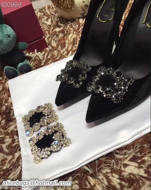 New Fashion Roger Vivier Velvet 6.5cm Heel Pumps with Crystal Buckle R8822 Black 2018