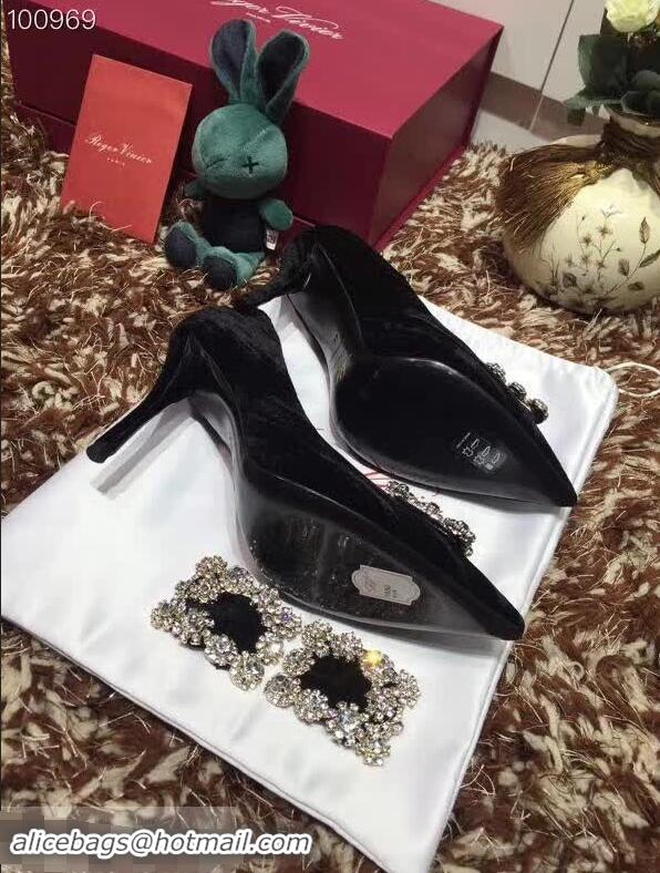 New Fashion Roger Vivier Velvet 6.5cm Heel Pumps with Crystal Buckle R8822 Black 2018