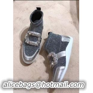 Well Crafted Roger Vivier Sporty Viv' Flower Strass Rivets Buckle High-Top Sneakers R8401 Glitter Silver Gray 2018