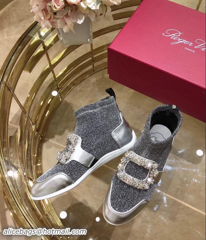 Well Crafted Roger Vivier Sporty Viv' Flower Strass Rivets Buckle High-Top Sneakers R8401 Glitter Silver Gray 2018