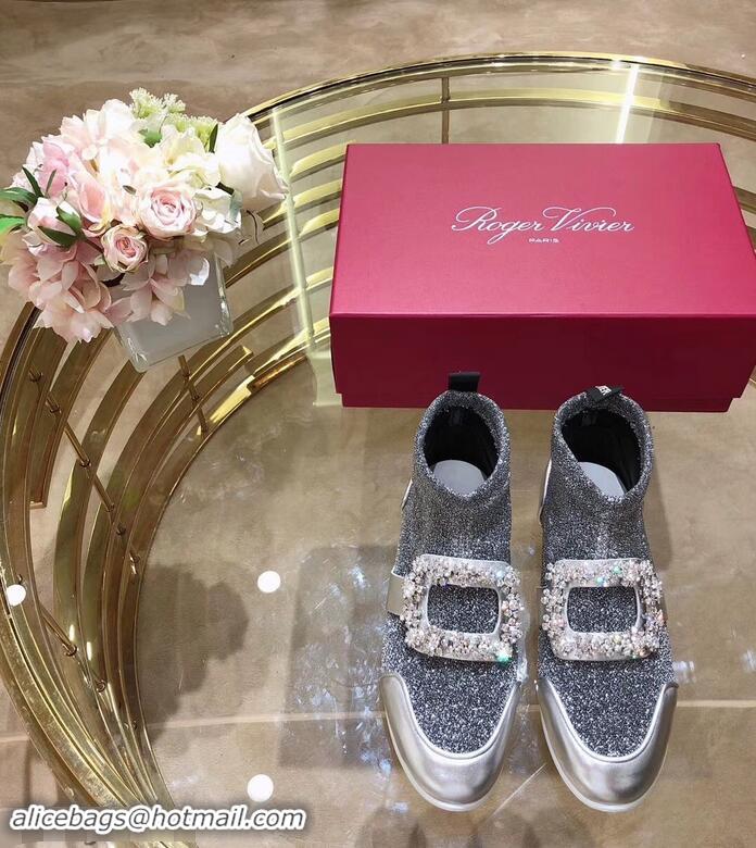 Well Crafted Roger Vivier Sporty Viv' Flower Strass Rivets Buckle High-Top Sneakers R8401 Glitter Silver Gray 2018