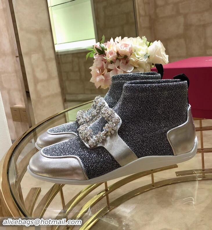 Well Crafted Roger Vivier Sporty Viv' Flower Strass Rivets Buckle High-Top Sneakers R8401 Glitter Silver Gray 2018