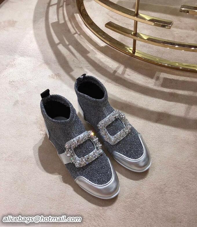 Well Crafted Roger Vivier Sporty Viv' Flower Strass Rivets Buckle High-Top Sneakers R8401 Glitter Silver Gray 2018