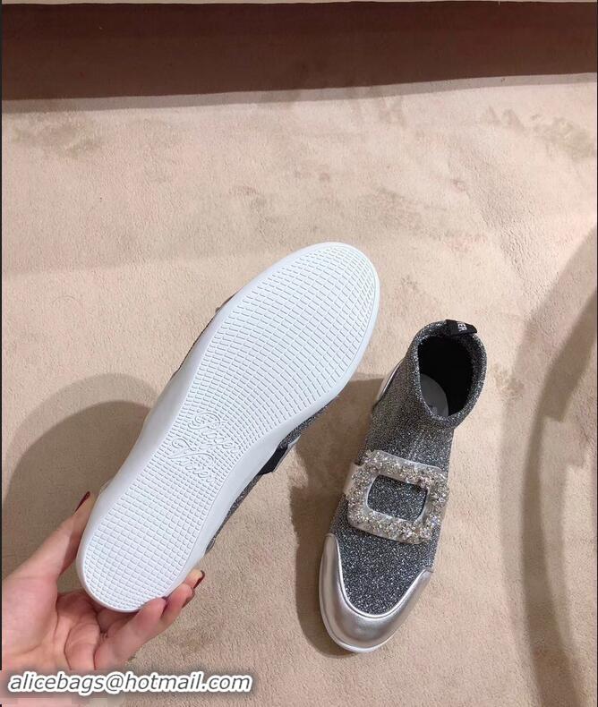 Well Crafted Roger Vivier Sporty Viv' Flower Strass Rivets Buckle High-Top Sneakers R8401 Glitter Silver Gray 2018