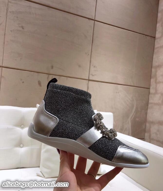 Well Crafted Roger Vivier Sporty Viv' Flower Strass Rivets Buckle High-Top Sneakers R8401 Glitter Silver Gray 2018