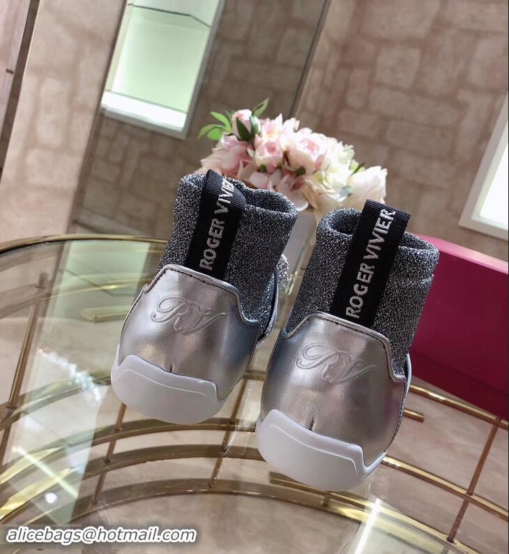 Well Crafted Roger Vivier Sporty Viv' Flower Strass Rivets Buckle High-Top Sneakers R8401 Glitter Silver Gray 2018