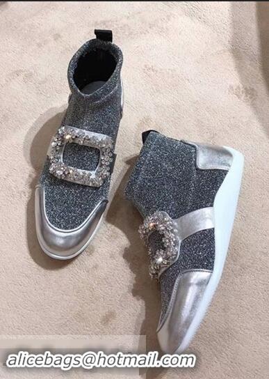 Well Crafted Roger Vivier Sporty Viv' Flower Strass Rivets Buckle High-Top Sneakers R8401 Glitter Silver Gray 2018