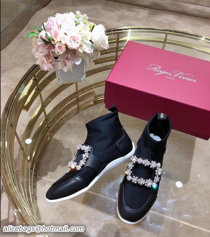 Faux Roger Vivier Sporty Viv' Flower Strass Rivets Buckle High-Top Sneakers R8401 Black 2018