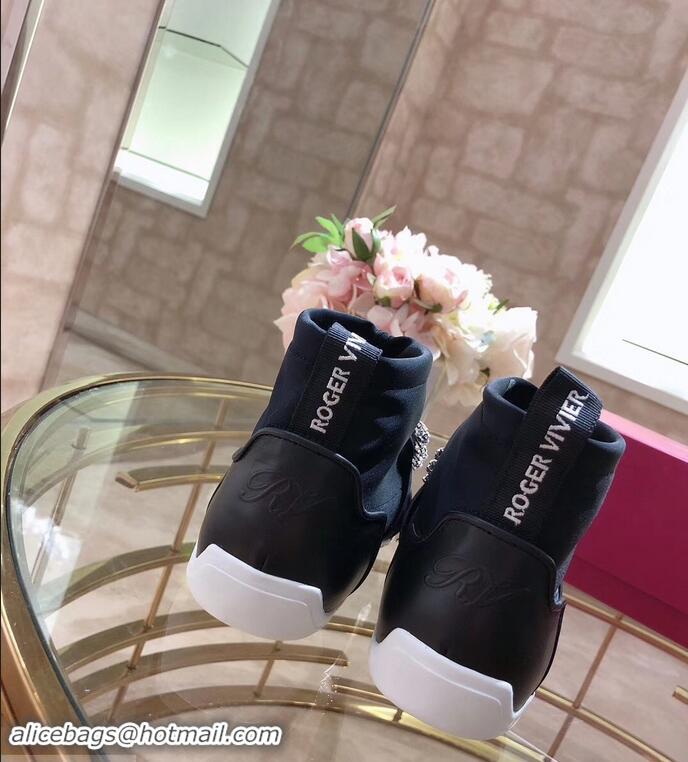 Faux Roger Vivier Sporty Viv' Flower Strass Rivets Buckle High-Top Sneakers R8401 Black 2018