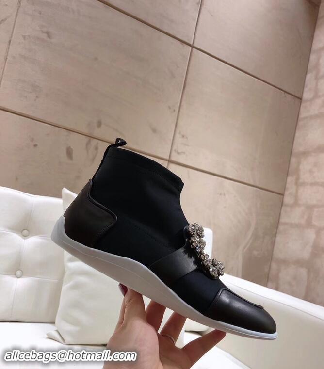 Faux Roger Vivier Sporty Viv' Flower Strass Rivets Buckle High-Top Sneakers R8401 Black 2018