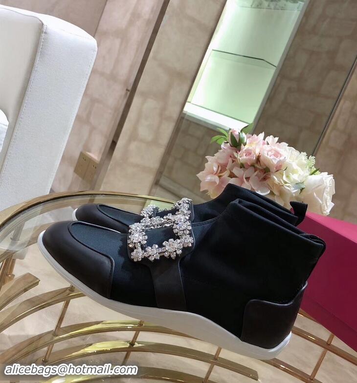 Faux Roger Vivier Sporty Viv' Flower Strass Rivets Buckle High-Top Sneakers R8401 Black 2018