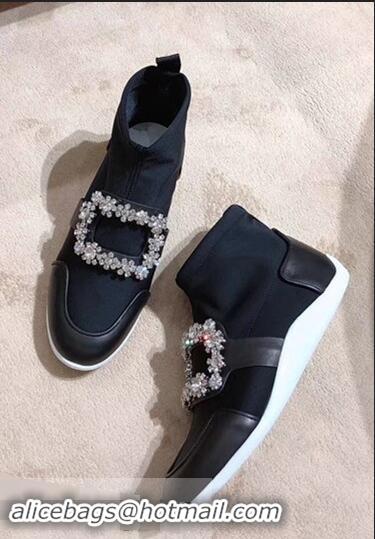 Faux Roger Vivier Sporty Viv' Flower Strass Rivets Buckle High-Top Sneakers R8401 Black 2018