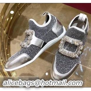 Noble Roger Vivier Sporty Viv' Flower Strass Rivets Buckle Sneakers R8403 Glitter Silver Gray 2018