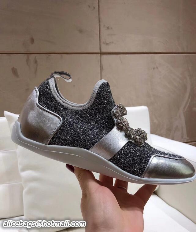 Noble Roger Vivier Sporty Viv' Flower Strass Rivets Buckle Sneakers R8403 Glitter Silver Gray 2018