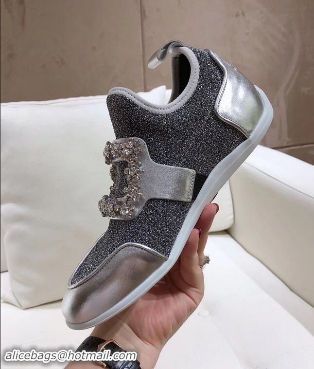 Noble Roger Vivier Sporty Viv' Flower Strass Rivets Buckle Sneakers R8403 Glitter Silver Gray 2018