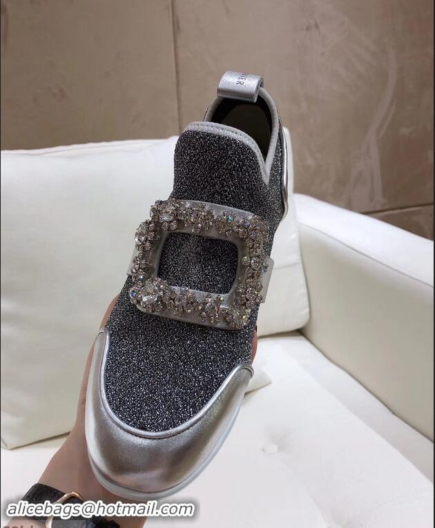 Noble Roger Vivier Sporty Viv' Flower Strass Rivets Buckle Sneakers R8403 Glitter Silver Gray 2018