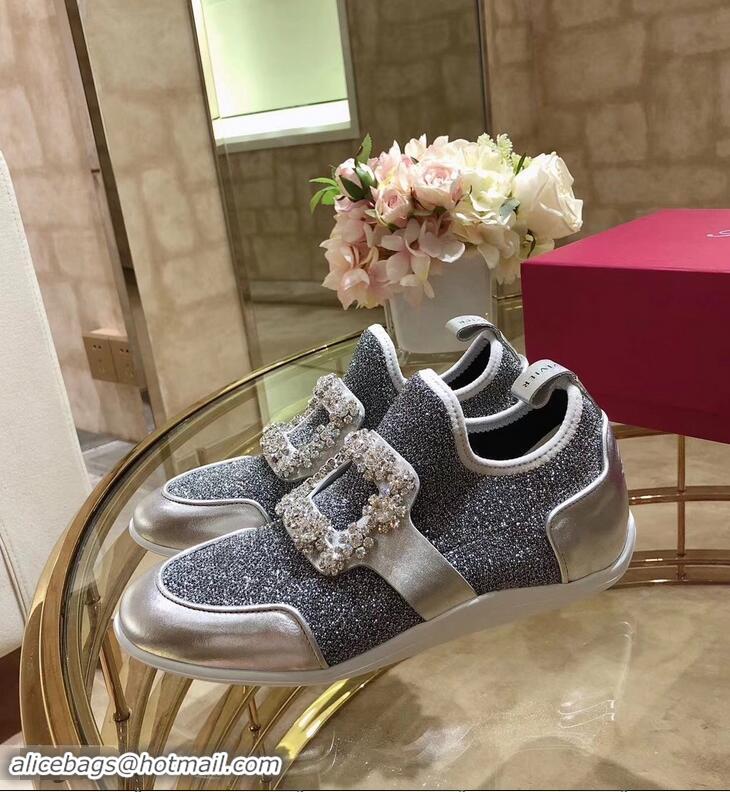 Noble Roger Vivier Sporty Viv' Flower Strass Rivets Buckle Sneakers R8403 Glitter Silver Gray 2018