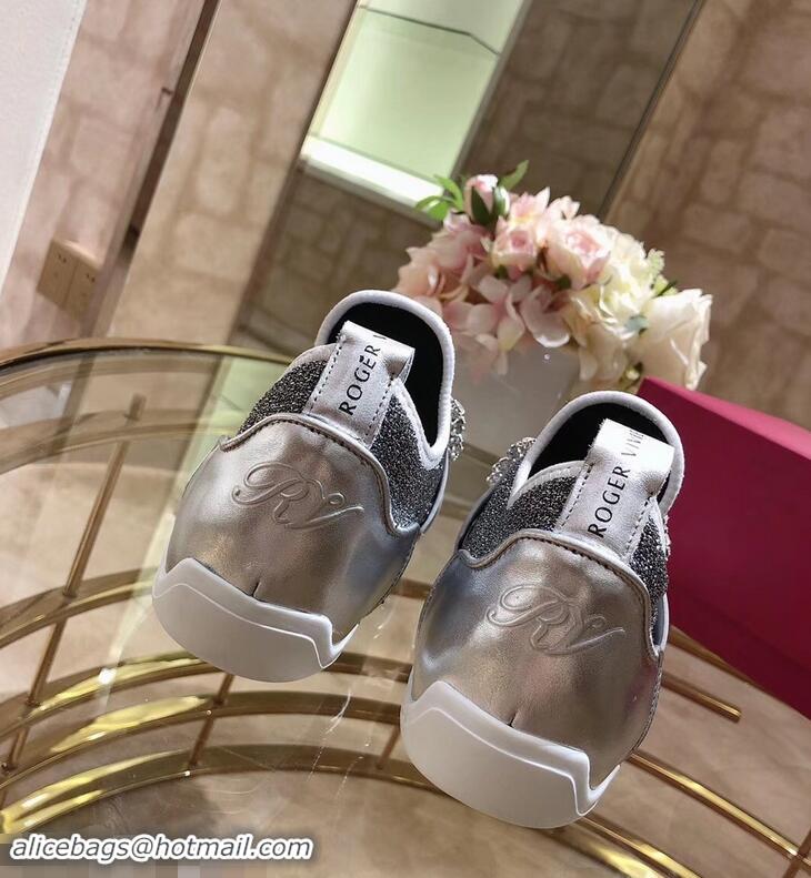 Noble Roger Vivier Sporty Viv' Flower Strass Rivets Buckle Sneakers R8403 Glitter Silver Gray 2018