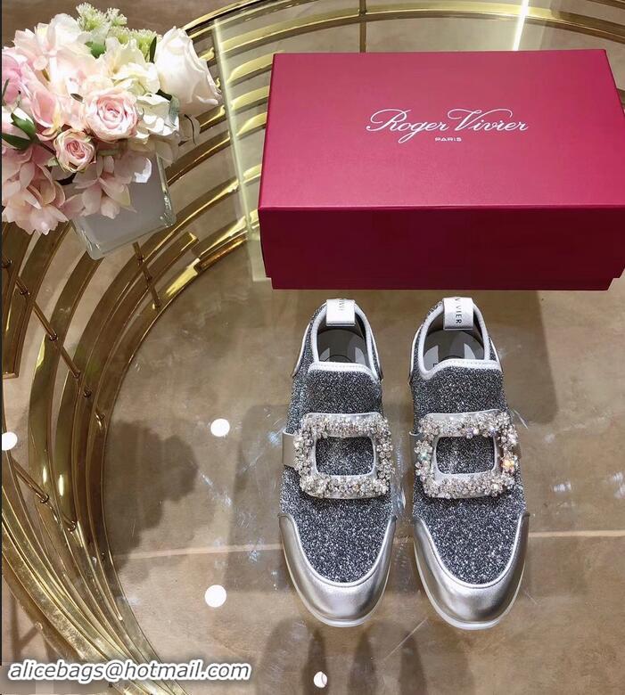 Noble Roger Vivier Sporty Viv' Flower Strass Rivets Buckle Sneakers R8403 Glitter Silver Gray 2018