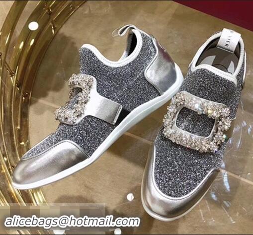 Noble Roger Vivier Sporty Viv' Flower Strass Rivets Buckle Sneakers R8403 Glitter Silver Gray 2018