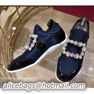 Top Design Roger Vivier Sporty Viv' Flower Strass Rivets Buckle Sneakers R8403 Blue 2018