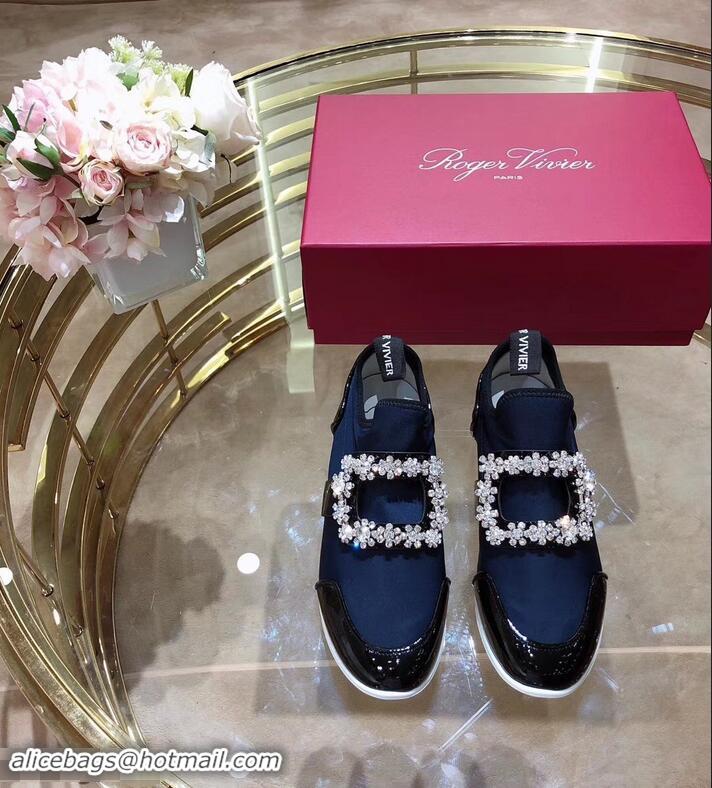 Top Design Roger Vivier Sporty Viv' Flower Strass Rivets Buckle Sneakers R8403 Blue 2018