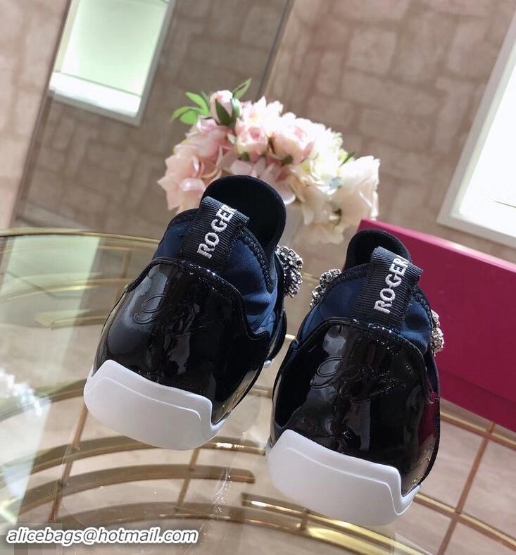 Top Design Roger Vivier Sporty Viv' Flower Strass Rivets Buckle Sneakers R8403 Blue 2018