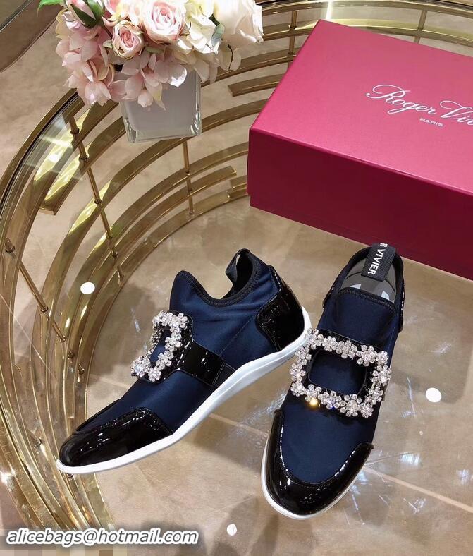 Top Design Roger Vivier Sporty Viv' Flower Strass Rivets Buckle Sneakers R8403 Blue 2018