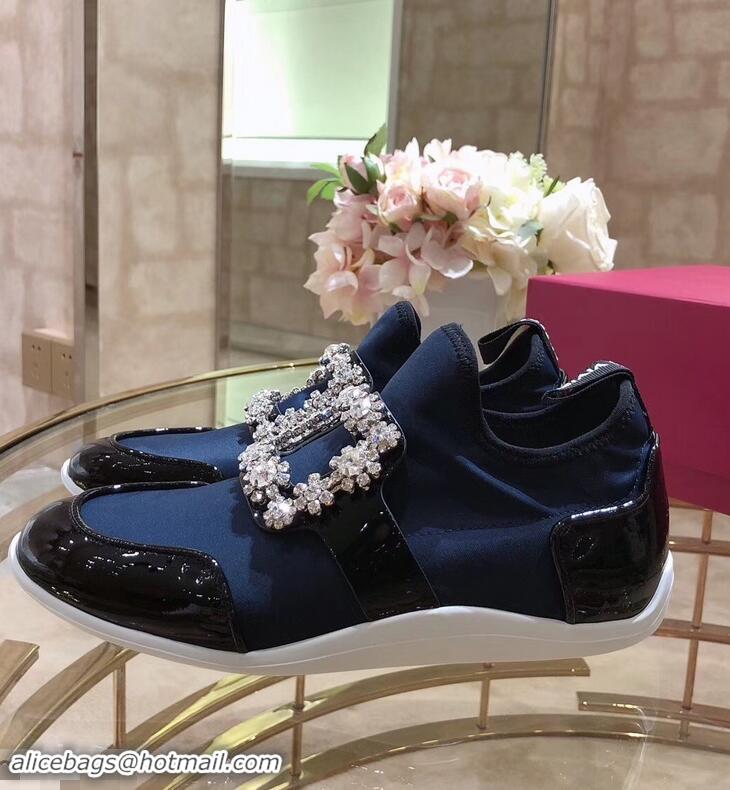 Top Design Roger Vivier Sporty Viv' Flower Strass Rivets Buckle Sneakers R8403 Blue 2018