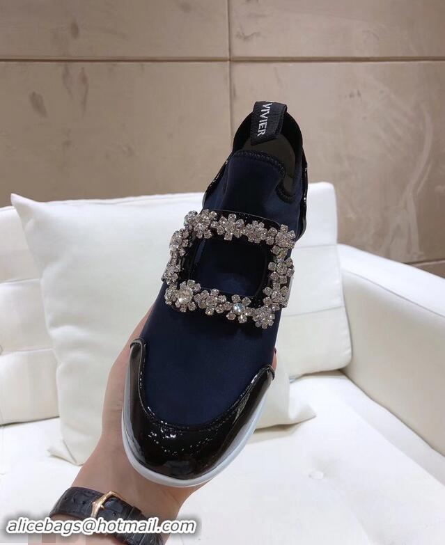 Top Design Roger Vivier Sporty Viv' Flower Strass Rivets Buckle Sneakers R8403 Blue 2018