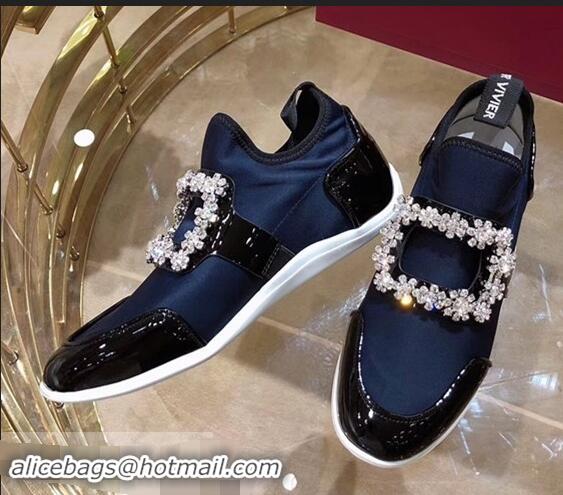 Top Design Roger Vivier Sporty Viv' Flower Strass Rivets Buckle Sneakers R8403 Blue 2018