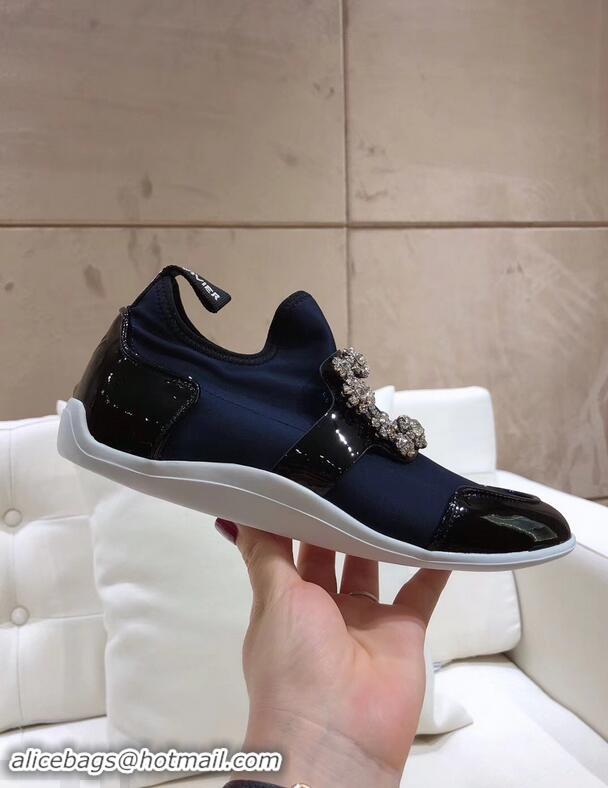 Top Design Roger Vivier Sporty Viv' Flower Strass Rivets Buckle Sneakers R8403 Blue 2018