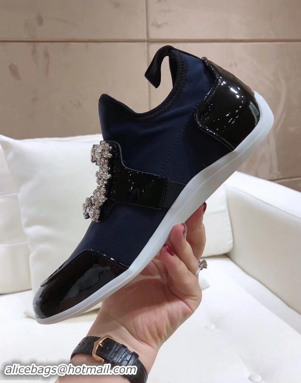 Top Design Roger Vivier Sporty Viv' Flower Strass Rivets Buckle Sneakers R8403 Blue 2018