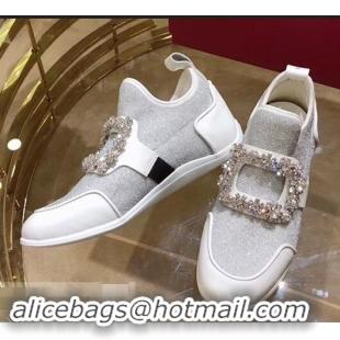 Chic Design Roger Vivier Sporty Viv' Flower Strass Rivets Buckle Sneakers R8403 Glitter Silver 2018