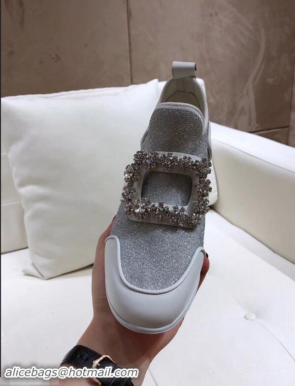 Chic Design Roger Vivier Sporty Viv' Flower Strass Rivets Buckle Sneakers R8403 Glitter Silver 2018